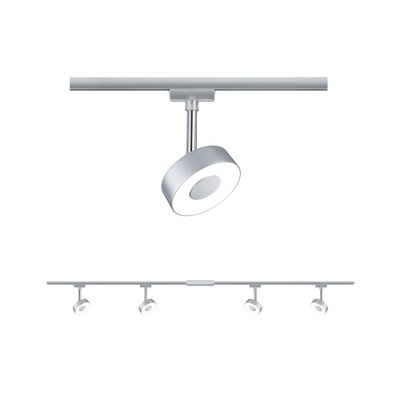 Modern silver LED spotlight with round design on track system for versatile room lighting