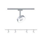 Modern silver LED spotlight with round design on track system for versatile room lighting