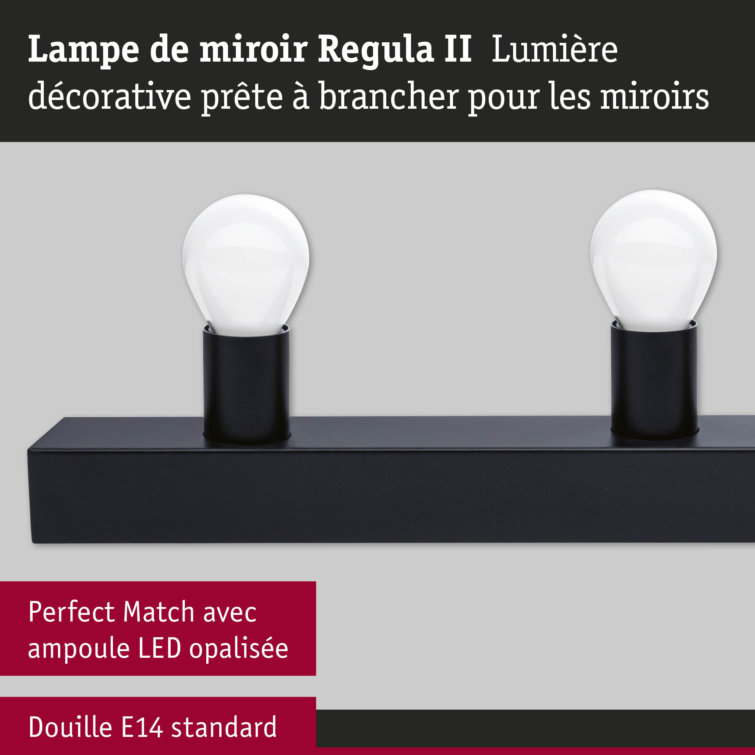 Kit Éclairage de miroir Regula II ampoules incluses 4-flammes E14 2700K 4x470lm 230V 4x4,5W gradable Noir/Opale