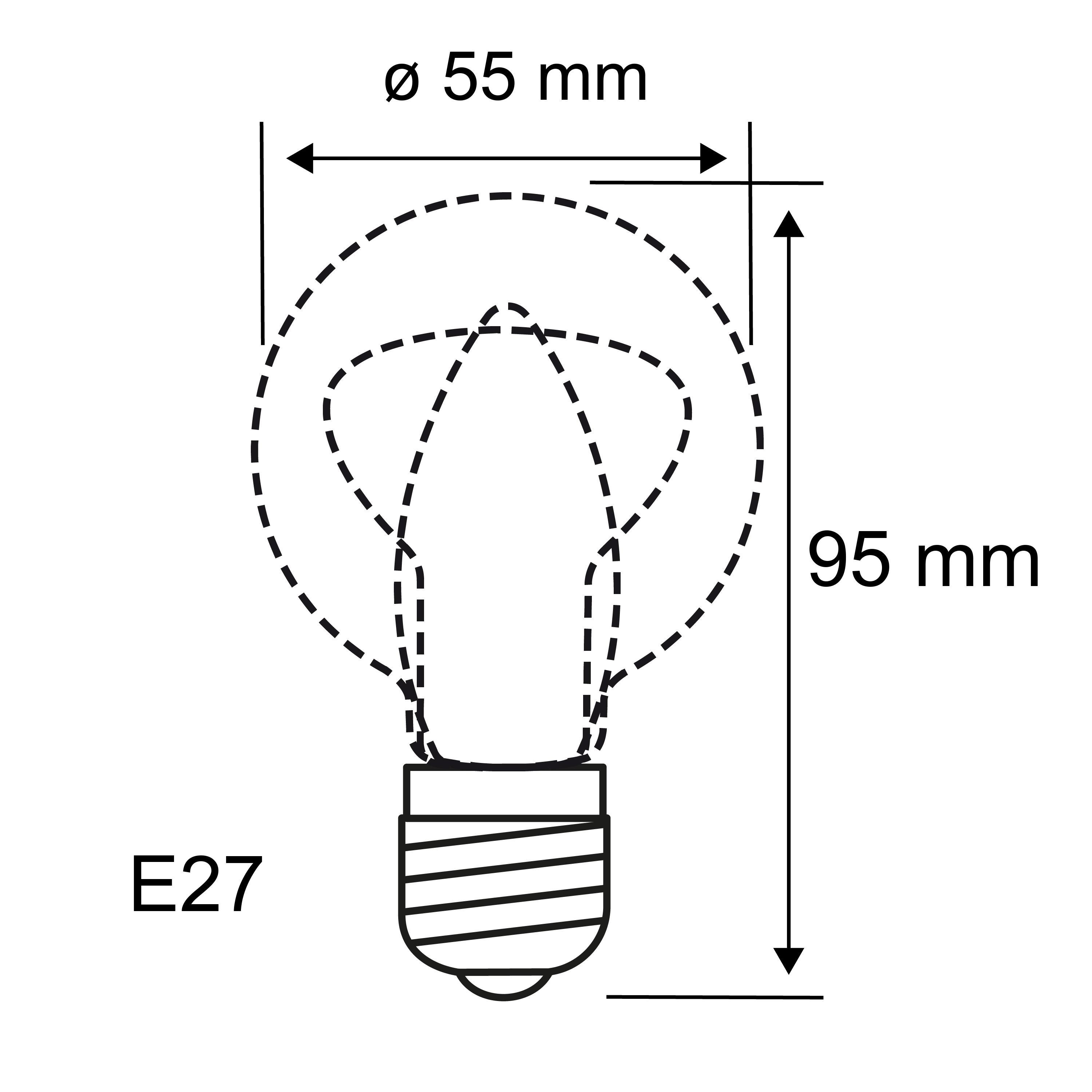Technische tekening van een E27-lamp met 55 mm diameter en 95 mm hoogte voor LED-verlichting