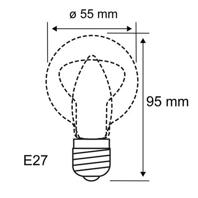 Technische tekening van een E27-lamp met 55 mm diameter en 95 mm hoogte voor LED-verlichting