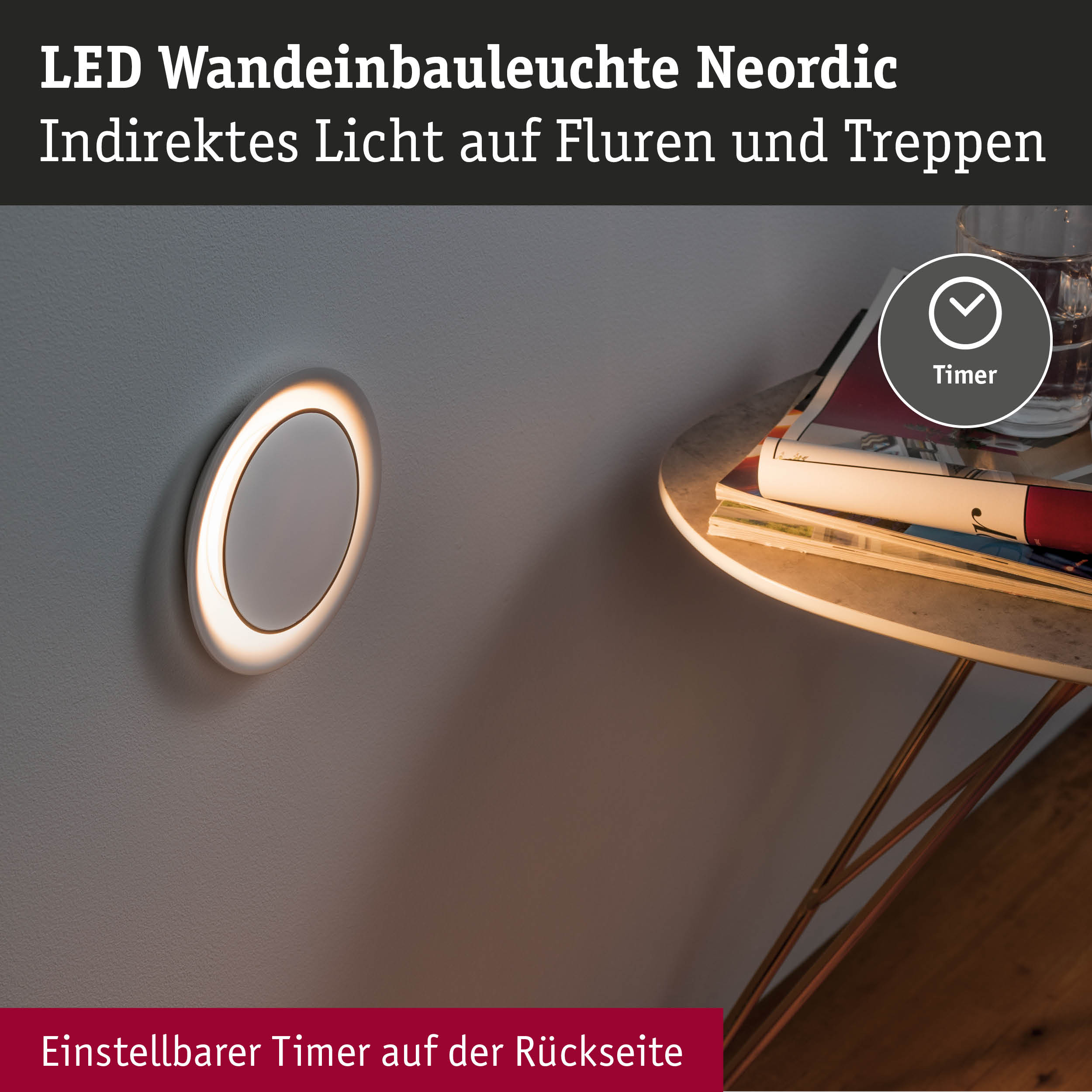 Runde LED-Wandeinbauleuchte Nordic mit indirektem warmweißem Licht und Timerfunktion für Flur und Treppe