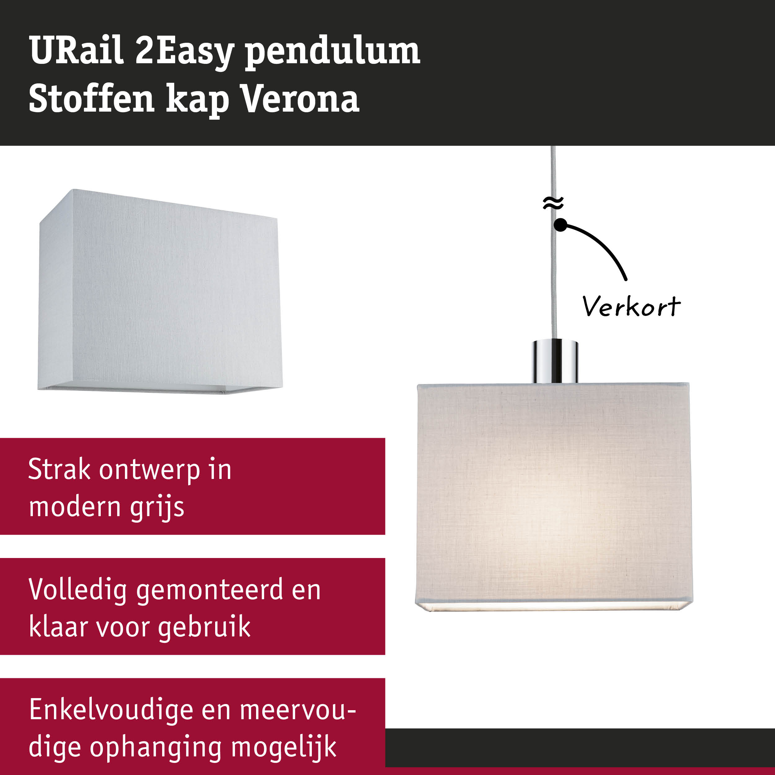 Moderne URail 2Easy hanglamp met grijze stoffen kap en verstelbare lengte voor woonruimtes