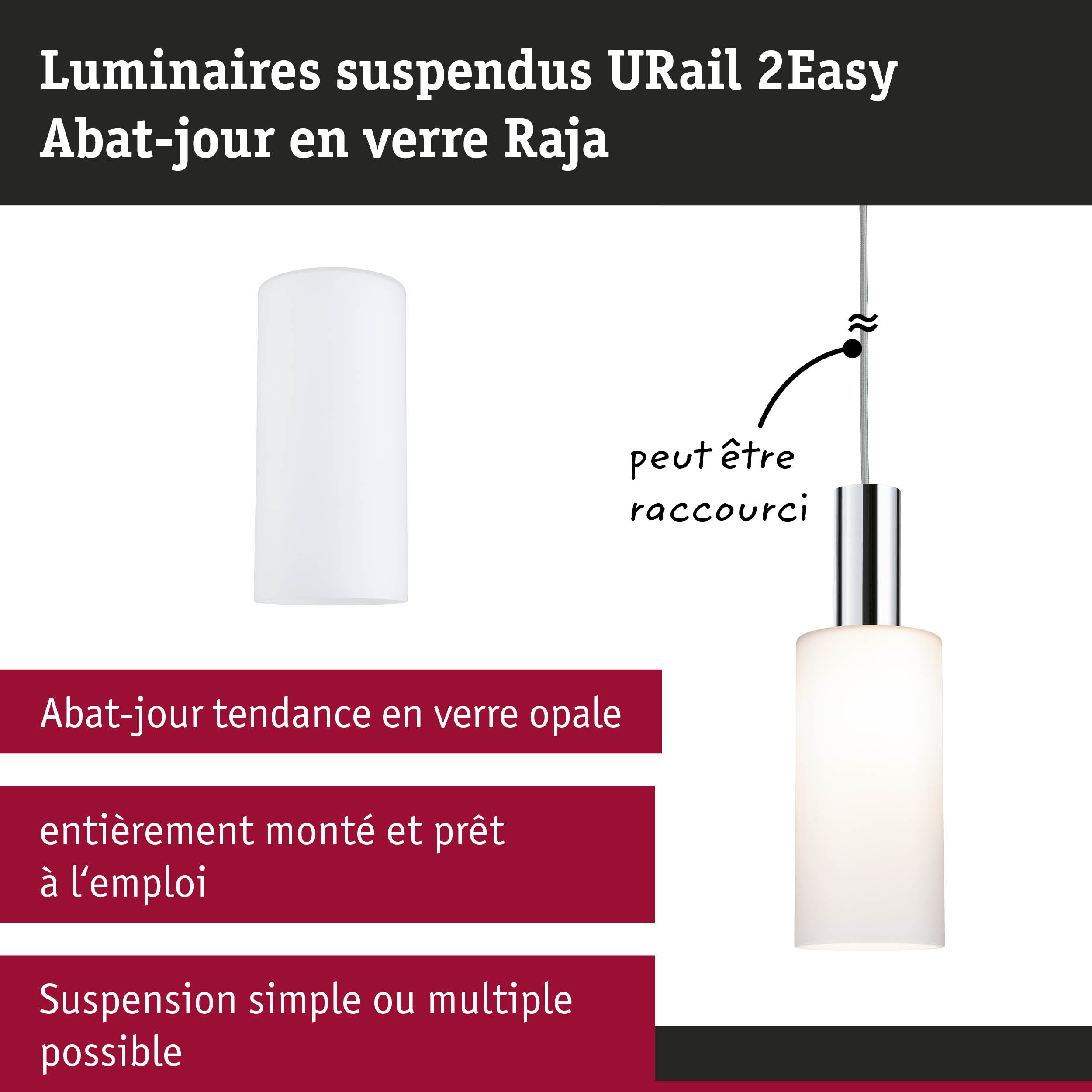 Luminaire suspendu URail 2Easy avec abat-jour en verre opale blanc et métal chromé pour éclairage moderne