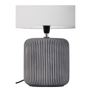 Modern table lamp with grey ribbed ceramic base and white fabric shade for living spaces.