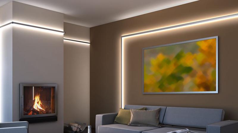 LED Profile in Wohnzimmer mit Kamin Paulmann LED Profile