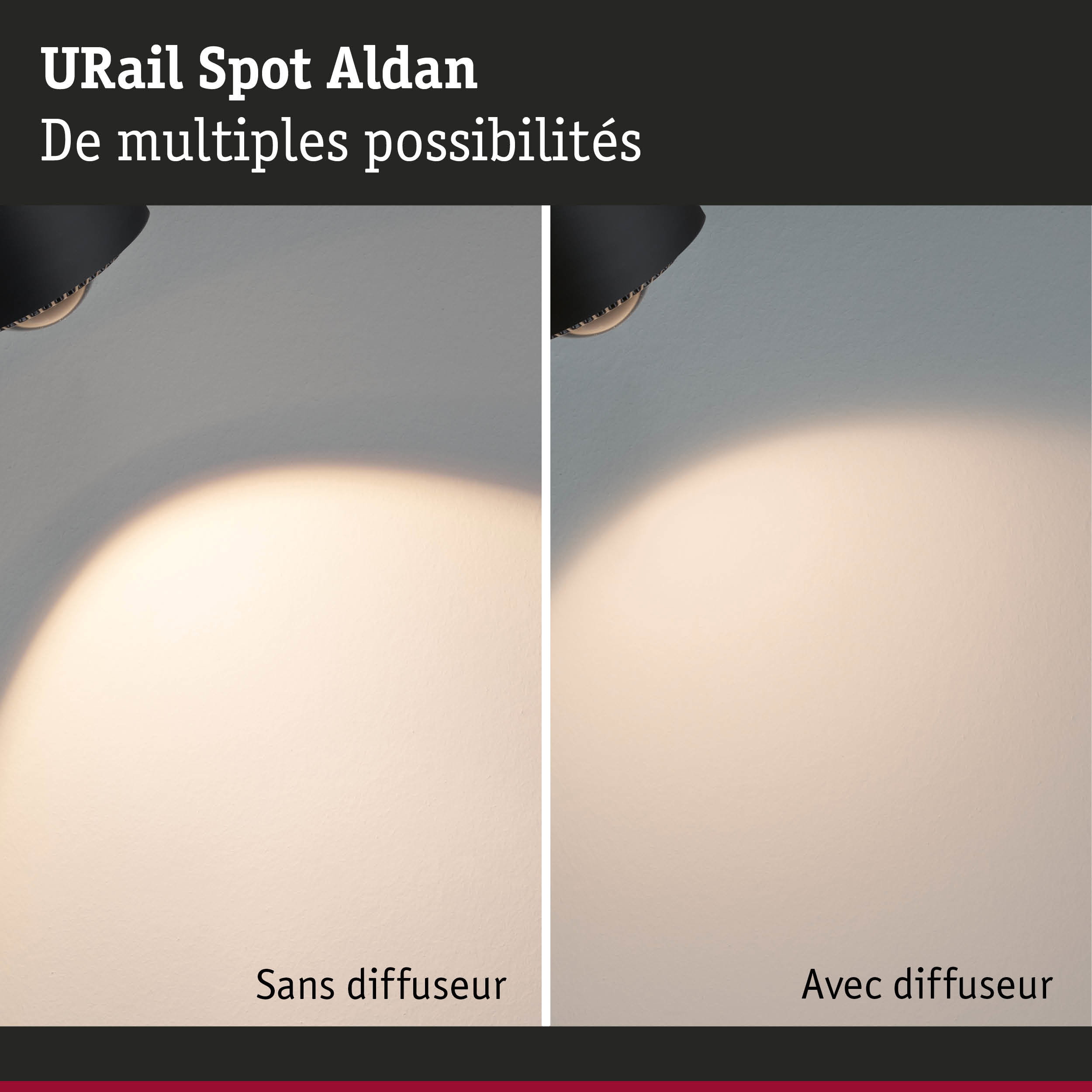 Comparaison du spot LED URail Aldan sans et avec diffuseur pour différentes options d'éclairage