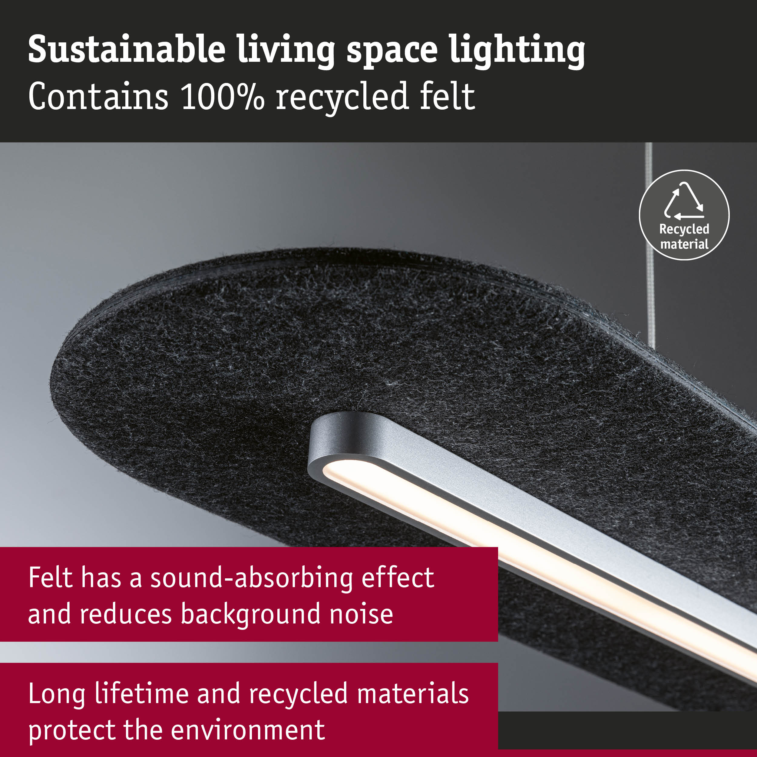 Sustainable ceiling light with black recycled felt and integrated LED for eco-friendly lighting