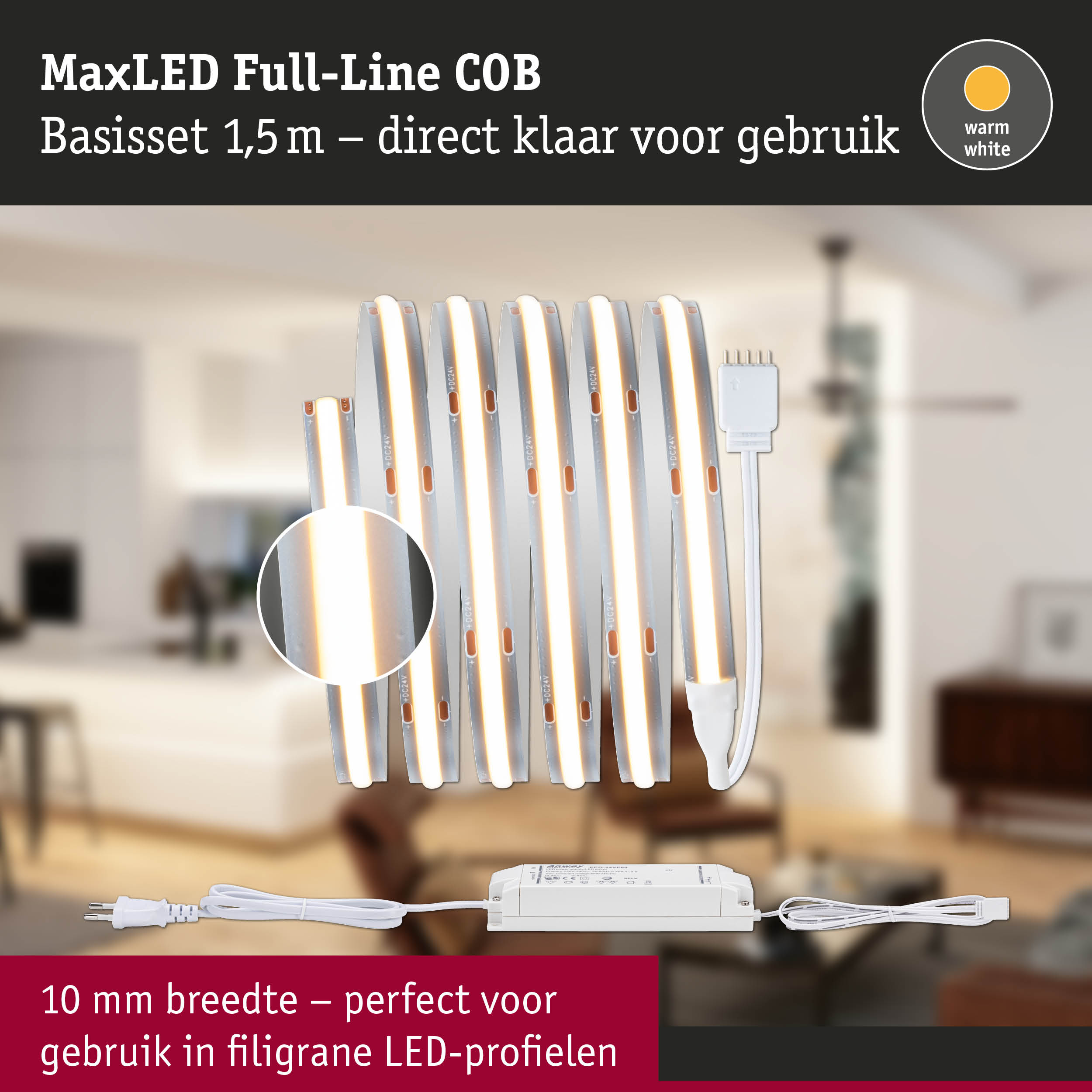MaxLED Full-Line COB LED-strip 1,5 m met warm wit licht en voeding voor fijne LED-profielen