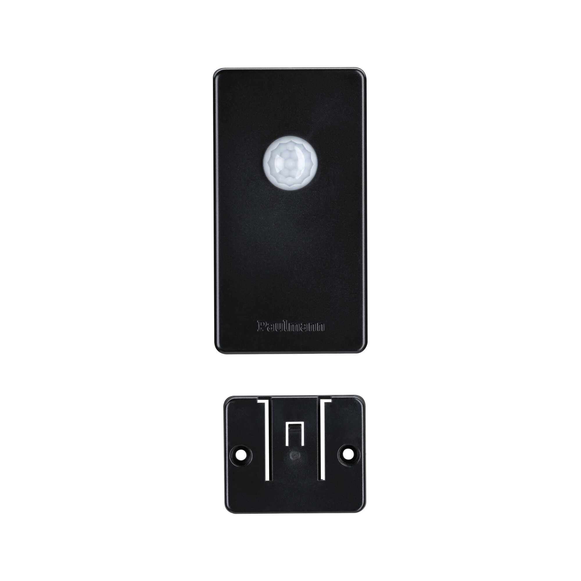 Black plastic motion sensor with mounting bracket for smart lighting control