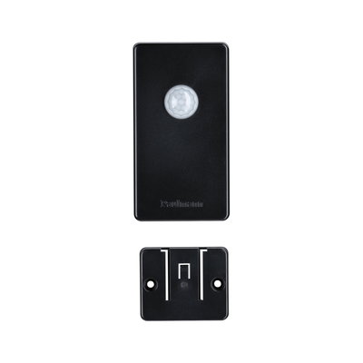 Black plastic motion sensor with mounting bracket for smart lighting control