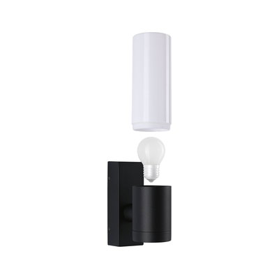 Black wall light with removable white glass cylinder and visible bulb, modern lighting fixture.
