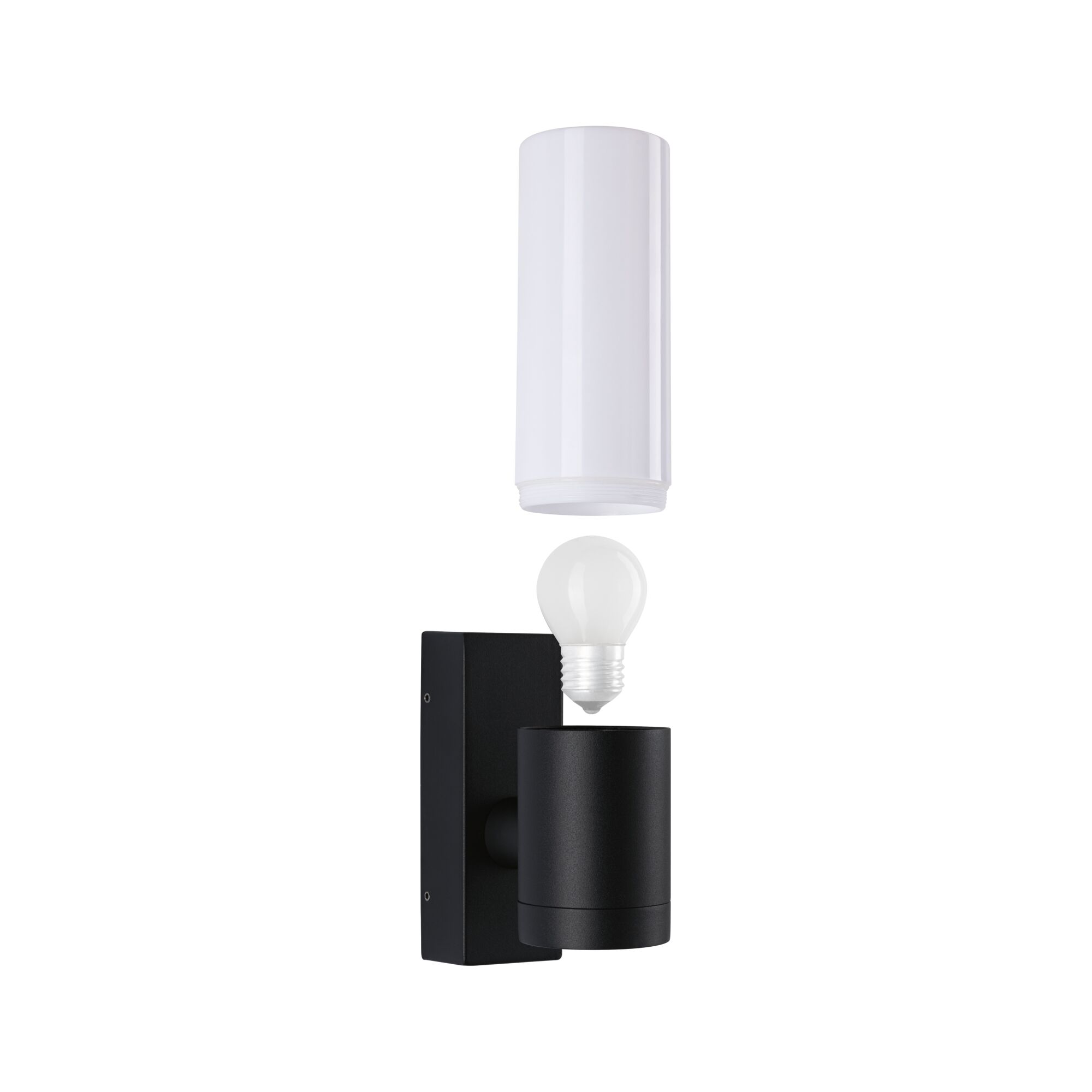 Schwarze Wandlampe mit abnehmbarem weißen Glaszylinder und sichtbarer Glühbirne, moderne Beleuchtung.