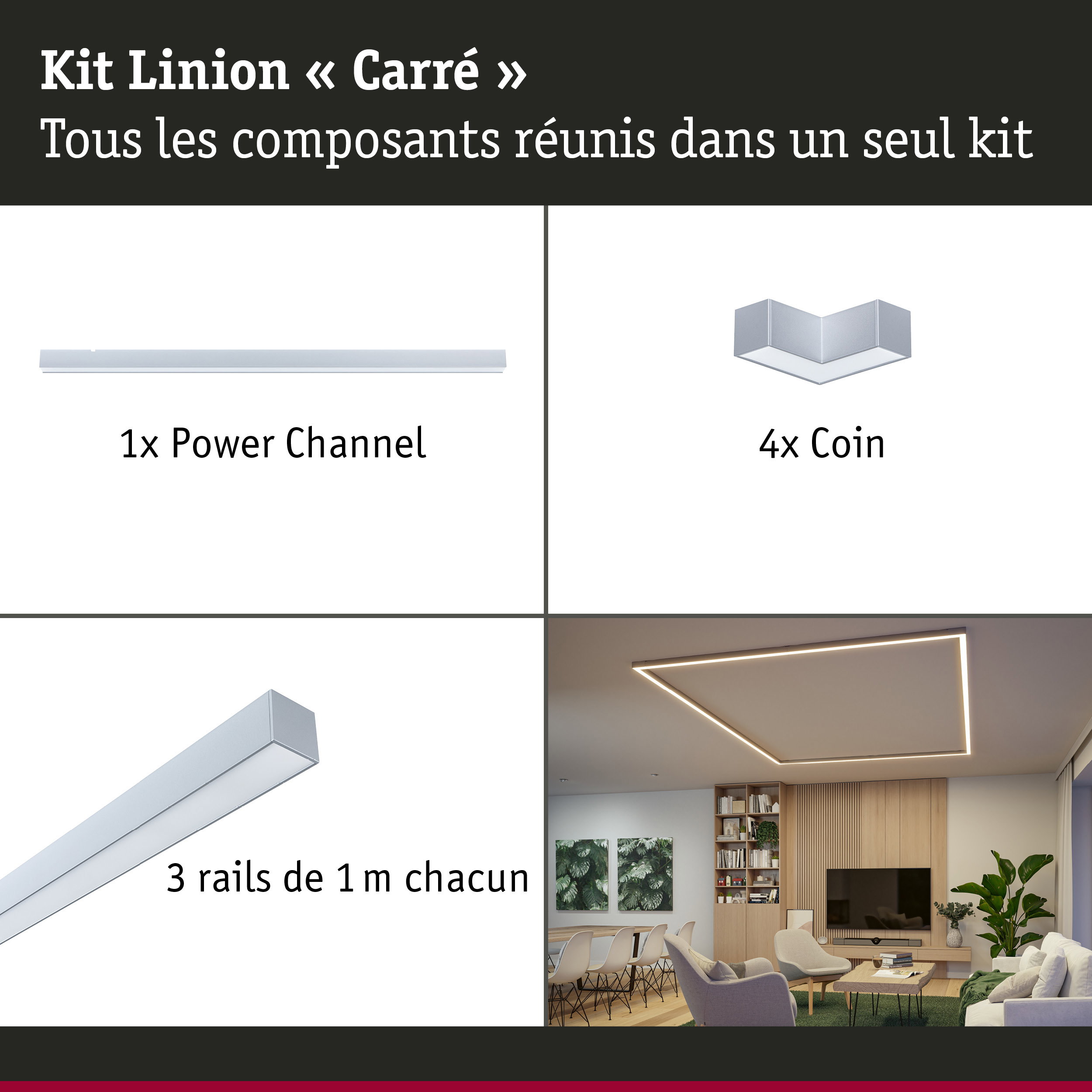 Linion Canal lumineux Parallélépipède Kit complet 230/24V W 3000K Chrome mat