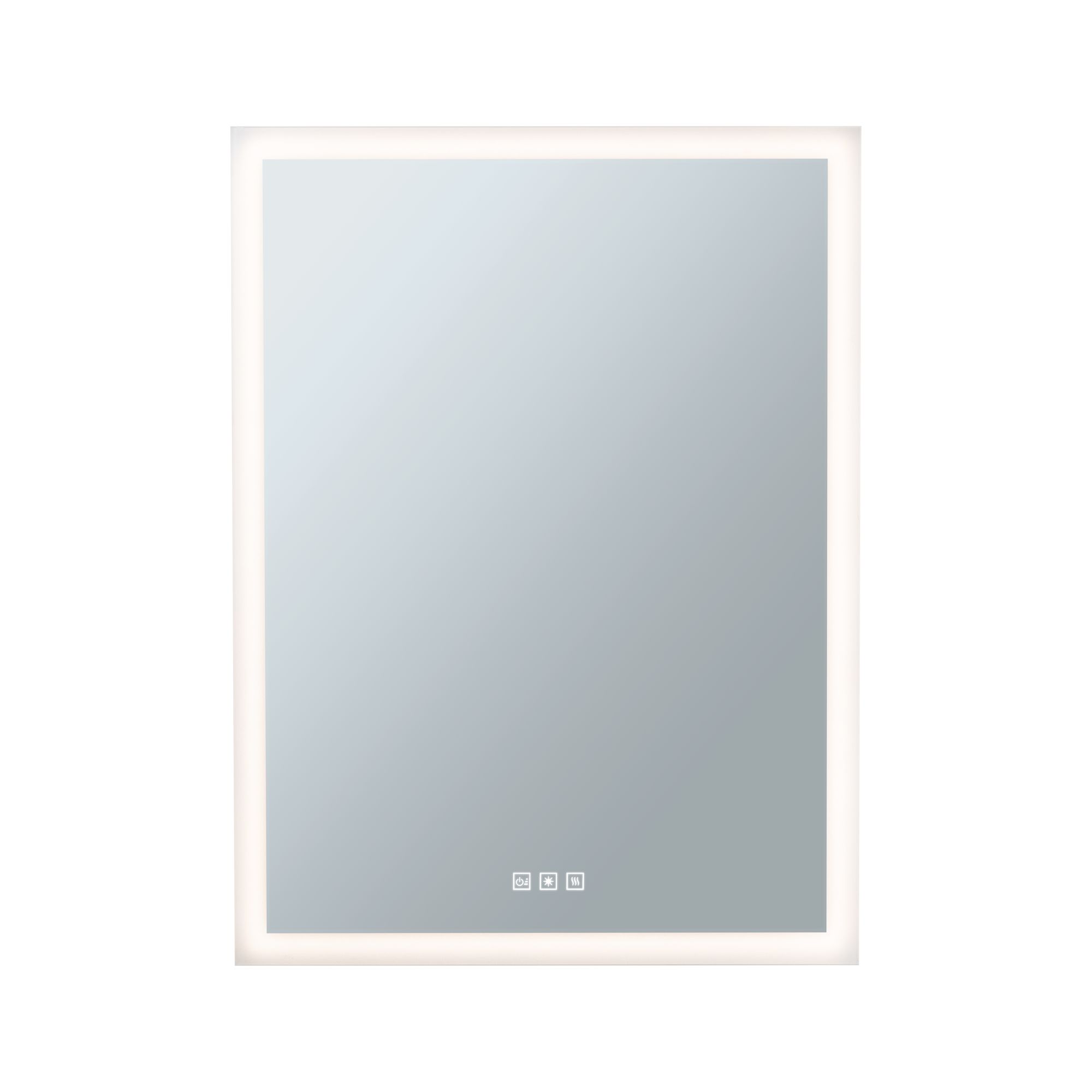 Square mirror with white LED frame and touch sensors for bathroom lighting