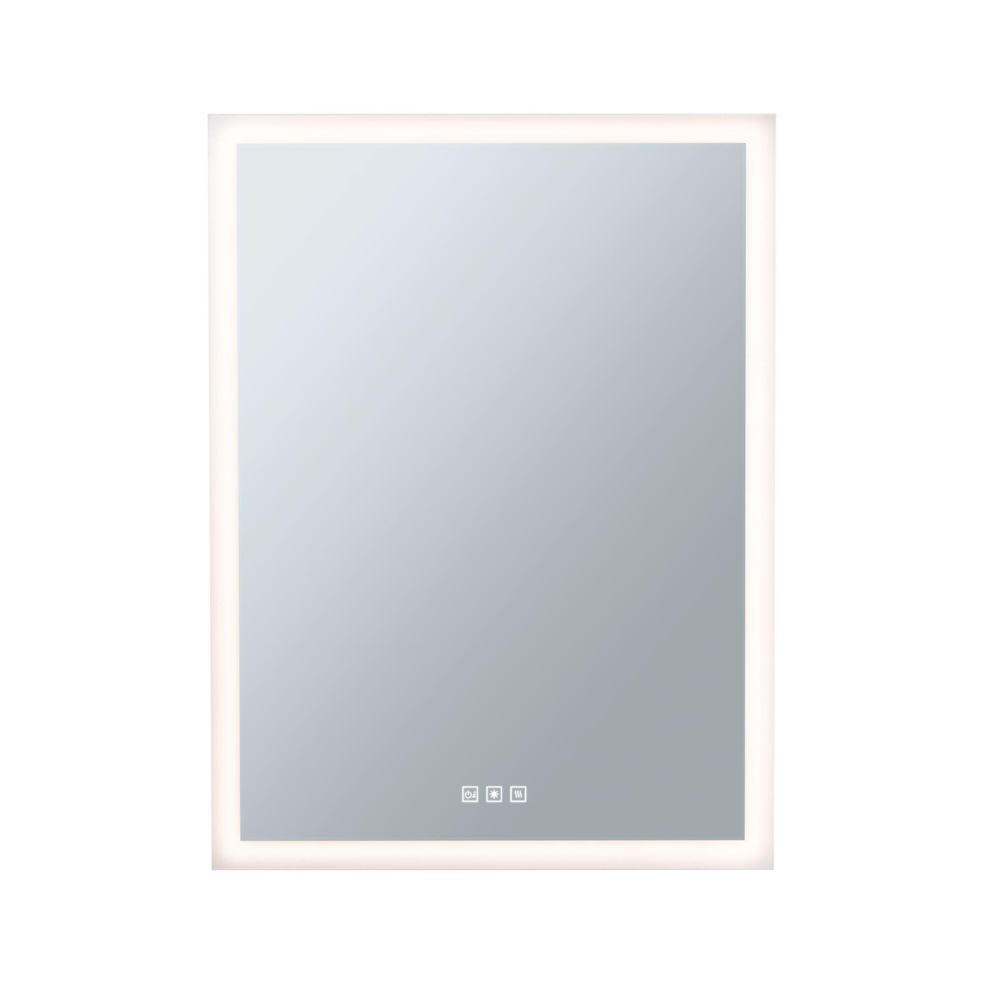 Square mirror with white LED frame and touch sensors for bathroom lighting