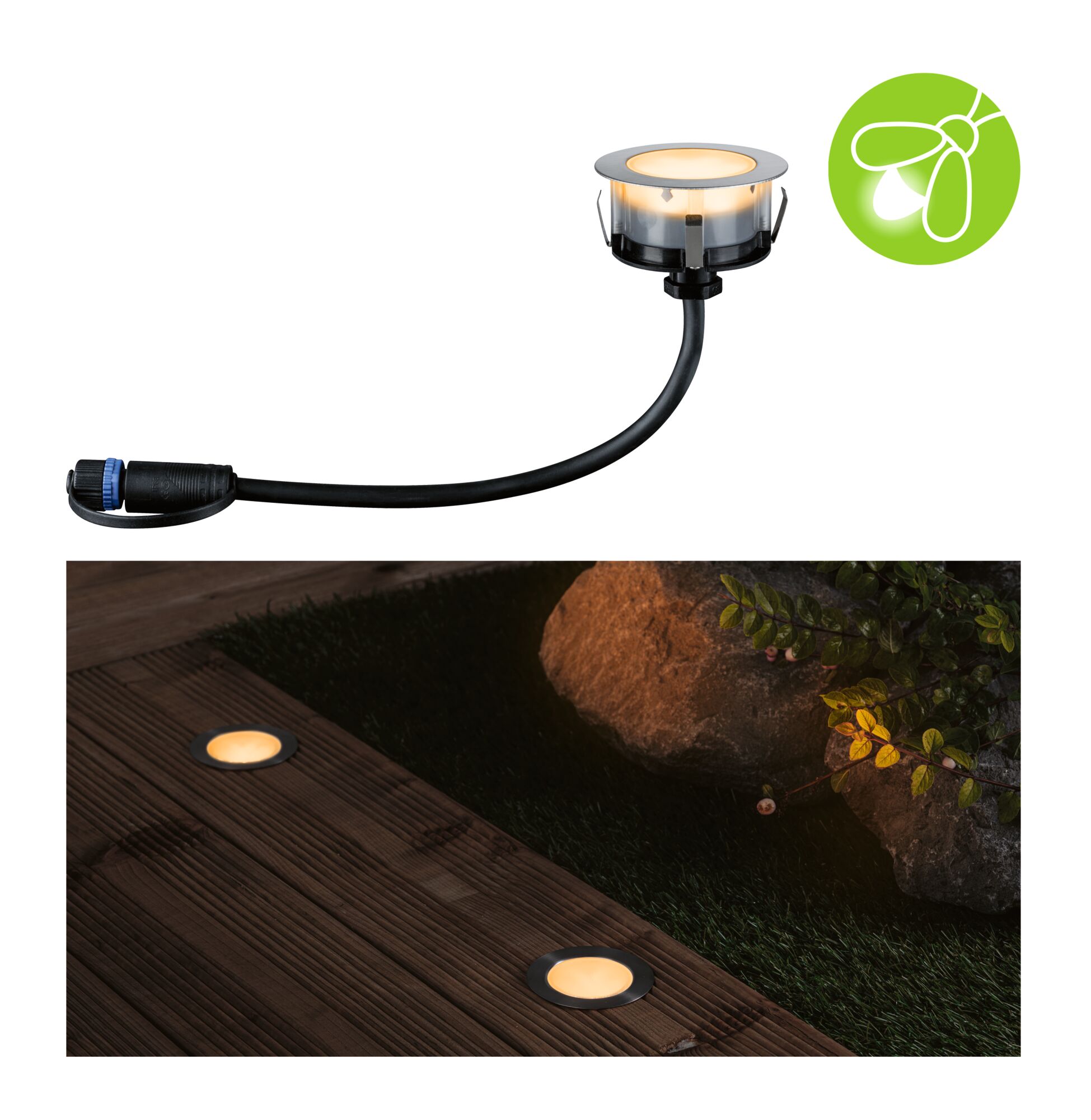 Round LED recessed light with black cable and warm white glow for garden and terrace lighting