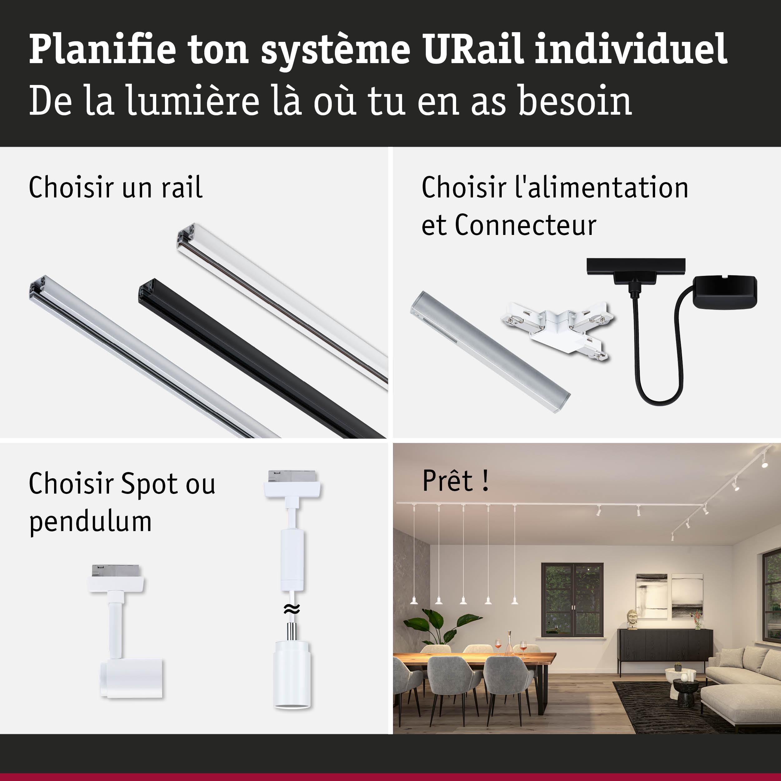 Système modulaire URail avec rails, alimentation et spots ou suspensions pour éclairage LED personnalisé.
