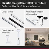 Système modulaire URail avec rails, alimentation et spots ou suspensions pour éclairage LED personnalisé.