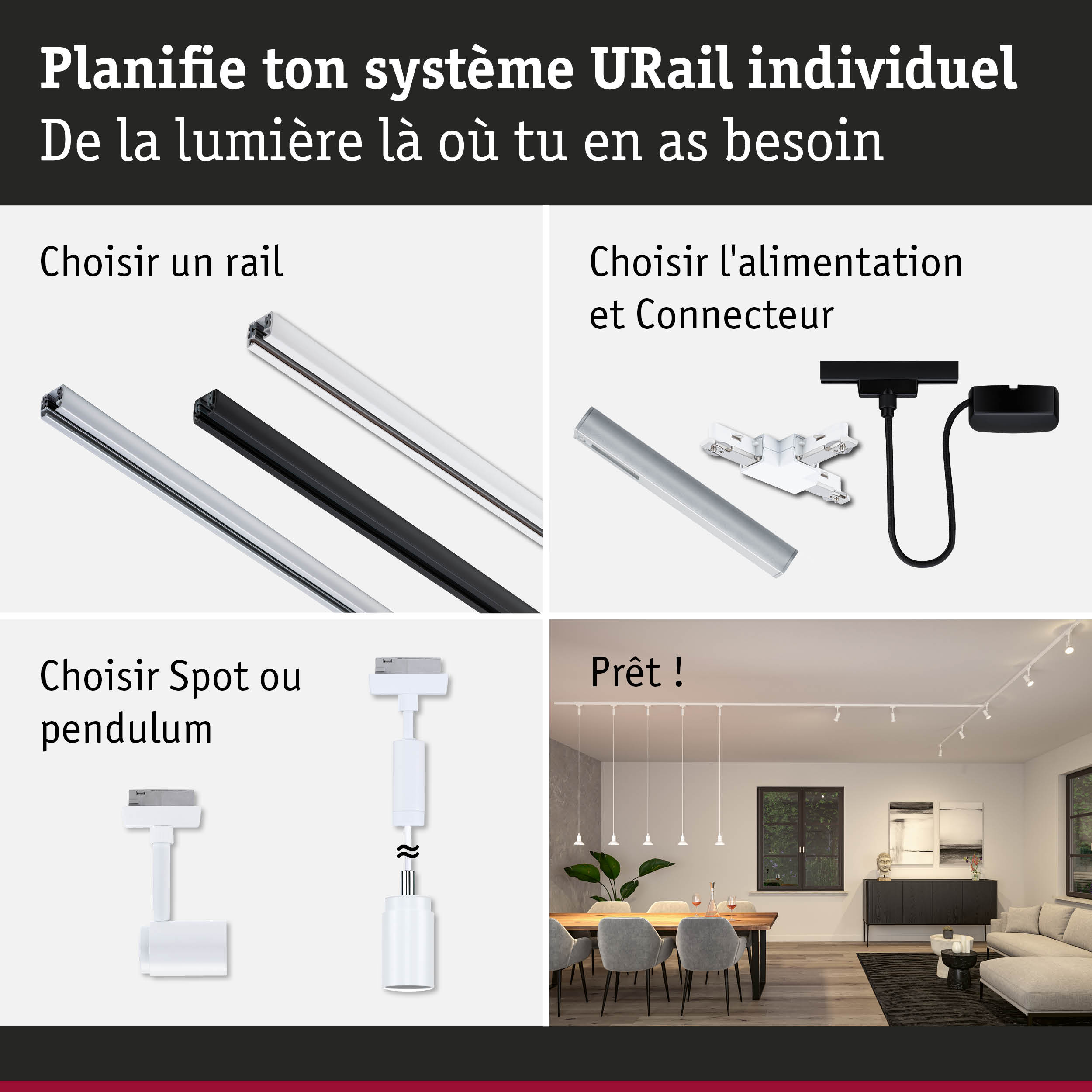 Système de rail URail modulaire en aluminium noir et blanc pour éclairage LED flexible.