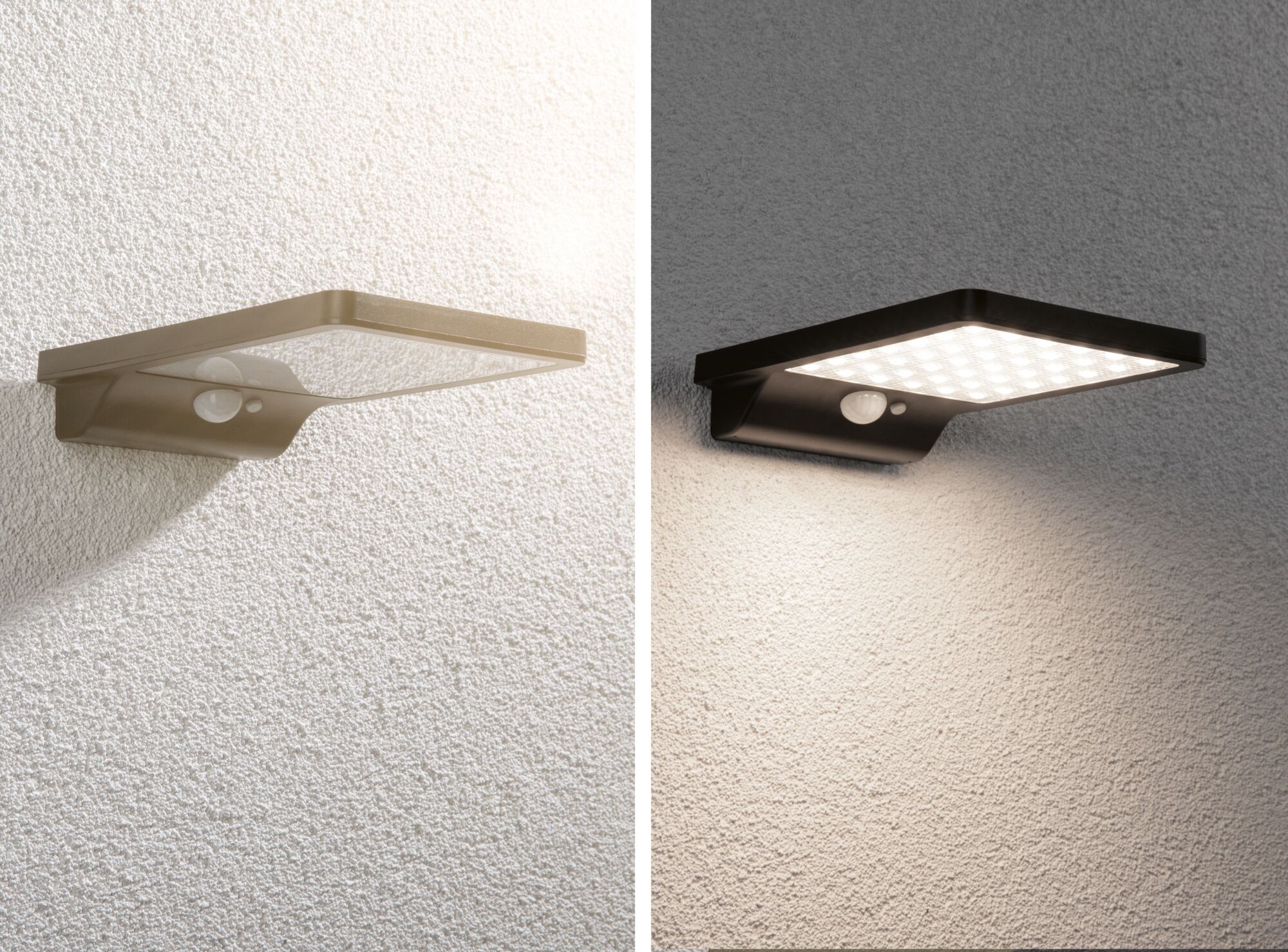 Twee moderne LED-wandlampen van kunststof in bruin en zwart met bewegingssensor voor buiten