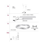 Technical drawing showing 3 cable hangers, 1 power supply, and 8m cable for LED cable lighting system