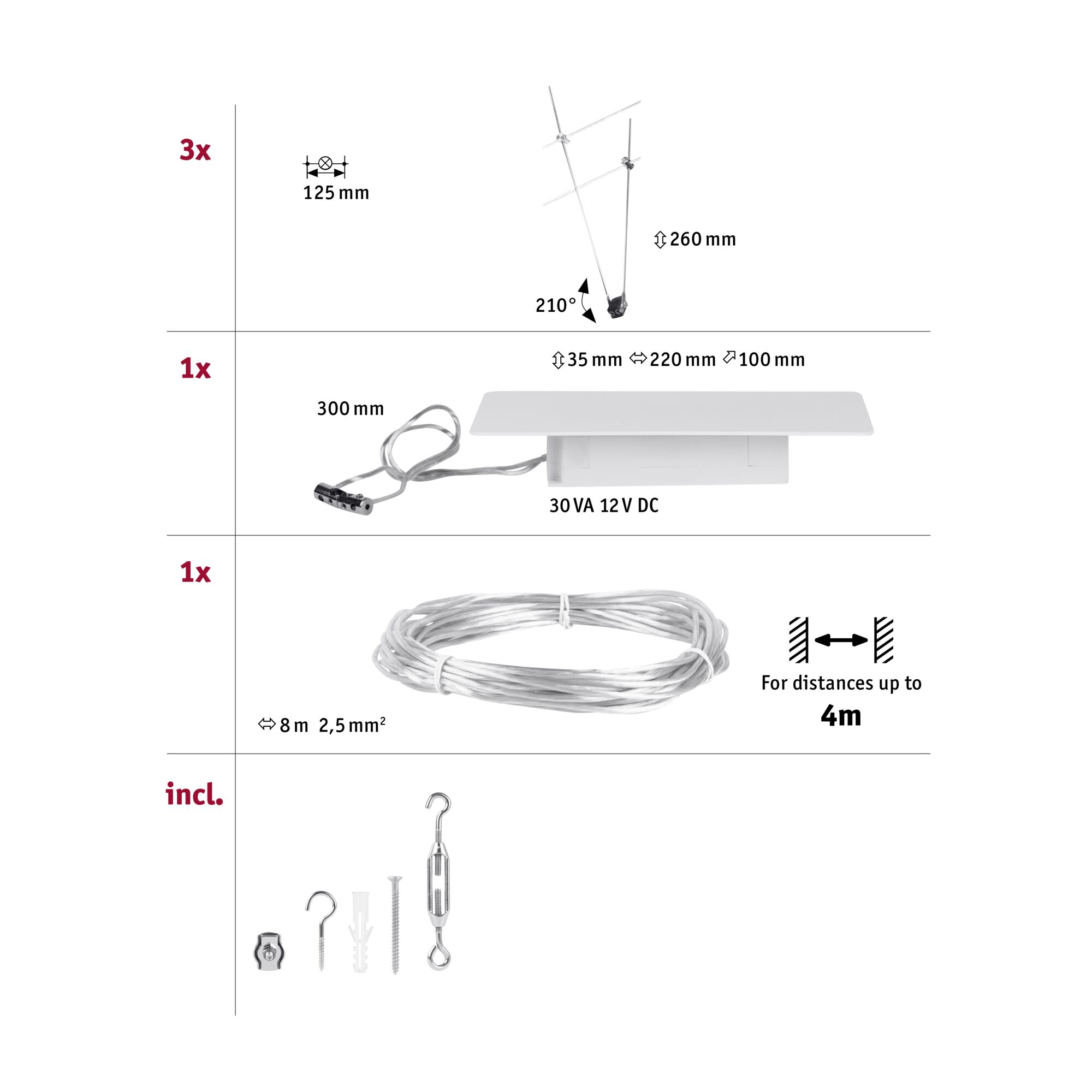 Technical drawing showing 3 cable hangers, 1 power supply, and 8m cable for LED cable lighting system