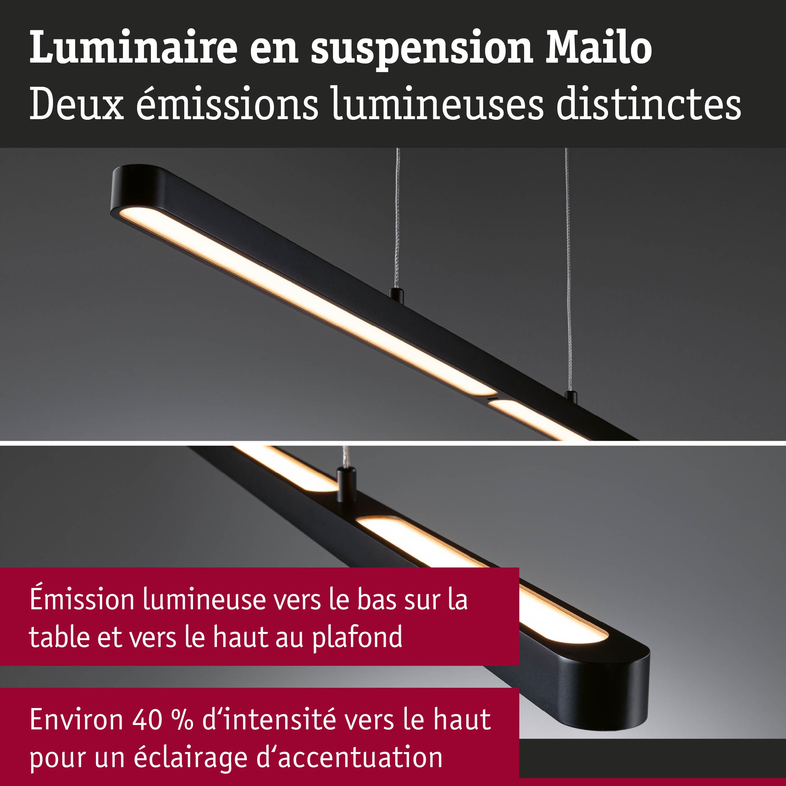 Luminaire suspendu Mailo noir avec double émission lumineuse LED blanc chaud vers le haut et le bas