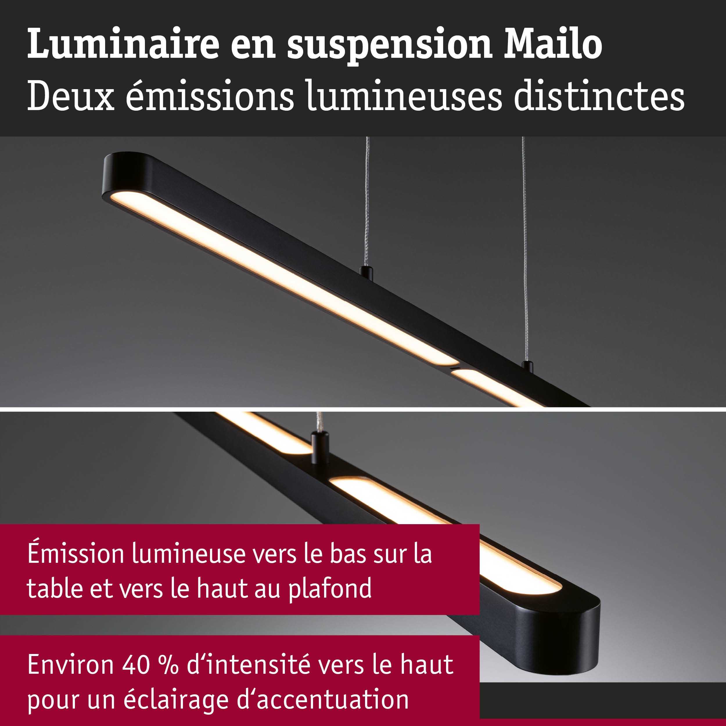 Luminaire suspendu noir Mailo à double émission lumineuse pour éclairage d'accentuation et de table