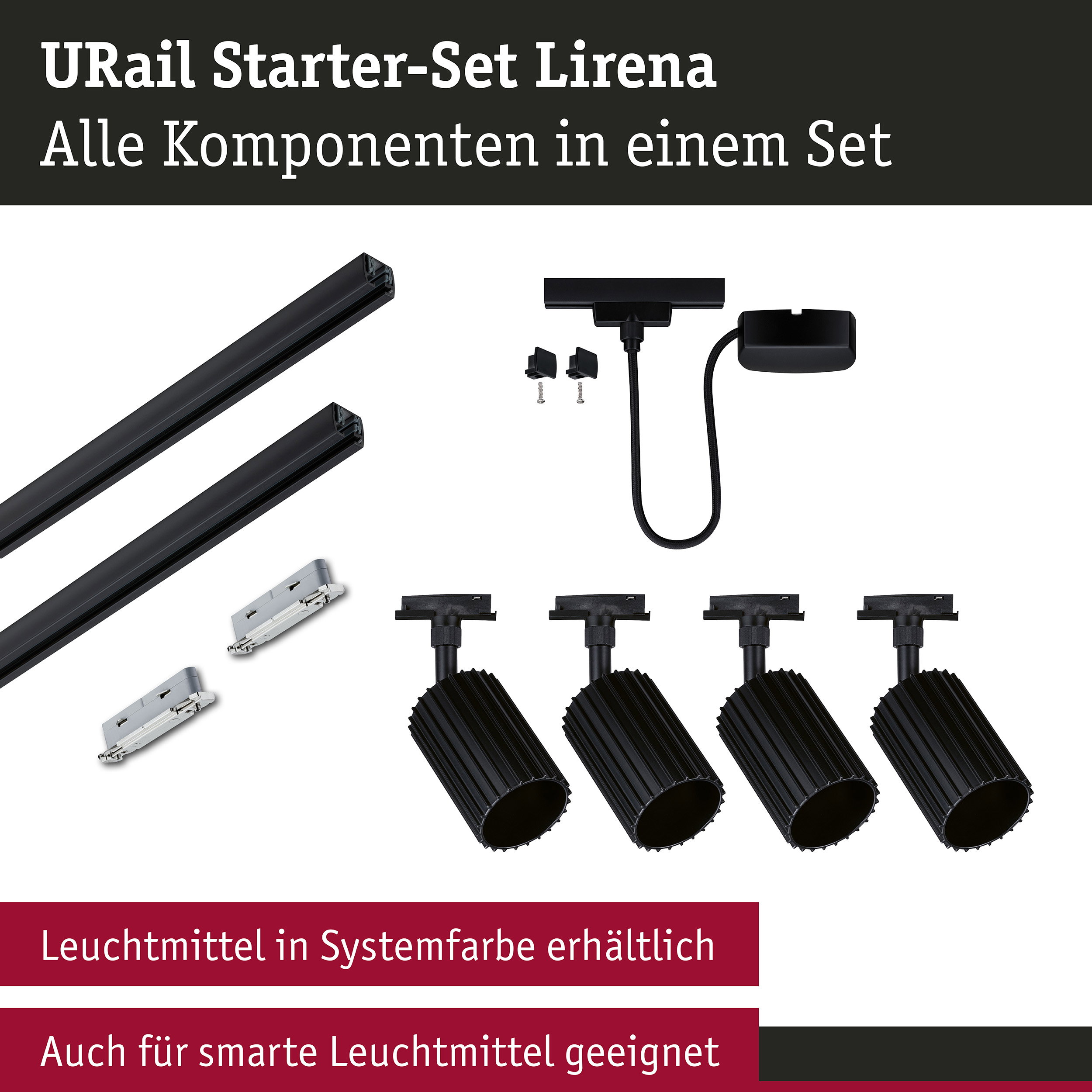URail Schienenspot Lirena Starterset Kabeleinspeisung GU10 max. 10W 230V Schwarz matt