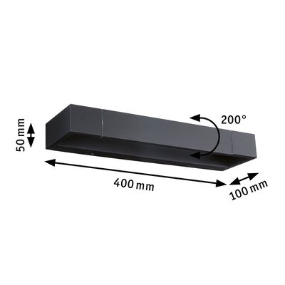 Black metal LED wall light, 400x100x50 mm, 200° swivel, modern indoor lighting fixture