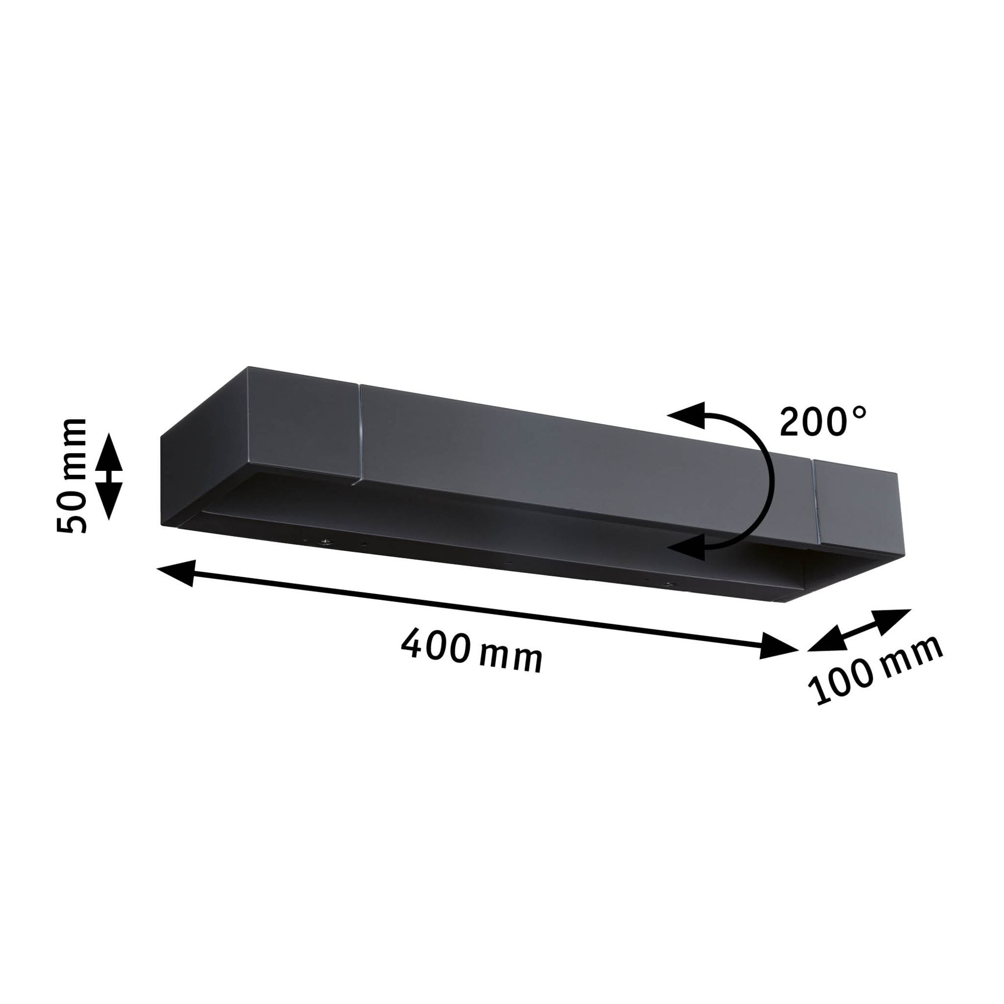 Black metal LED wall light, 400x100x50 mm, 200° swivel, modern indoor lighting fixture