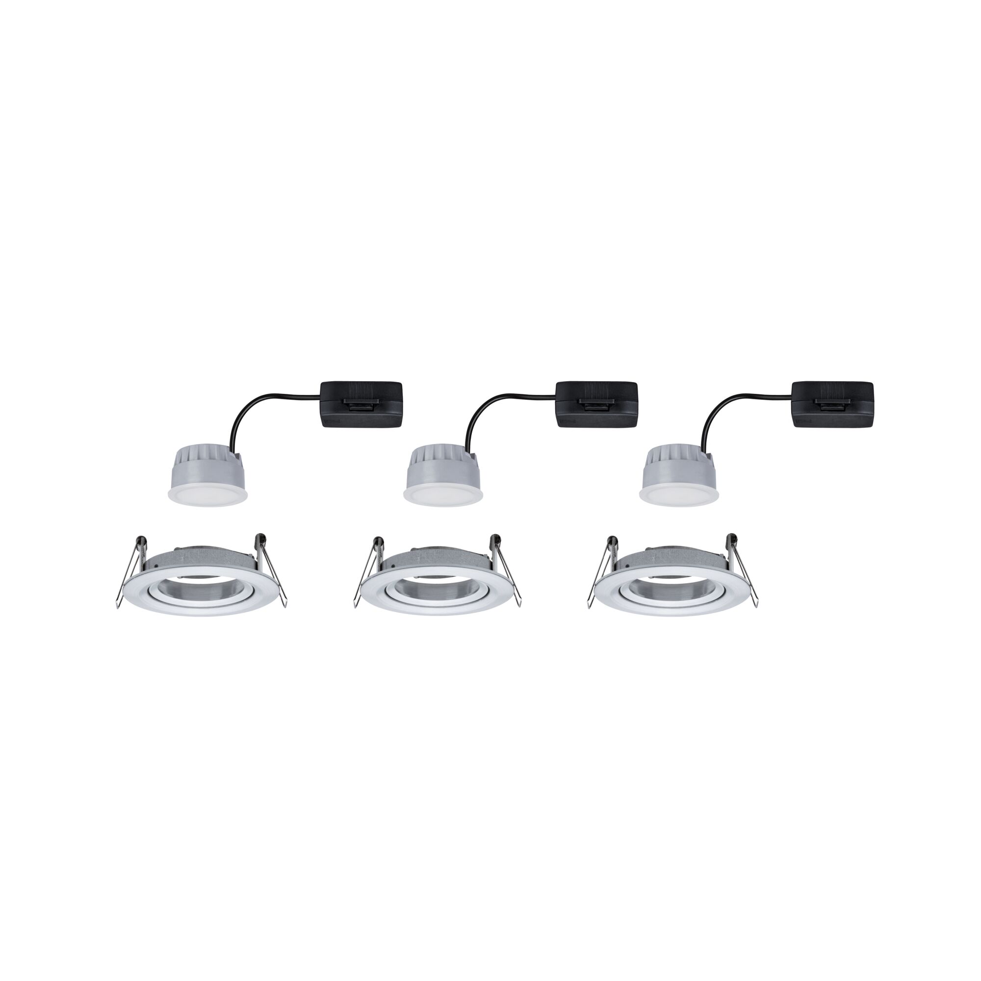 Three white metal LED recessed spotlights with black connector cable for modern room lighting