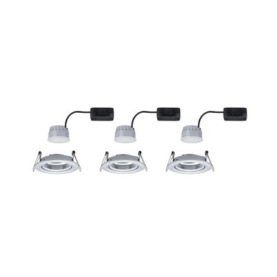 Three white metal LED recessed spotlights with black connector cable for modern room lighting