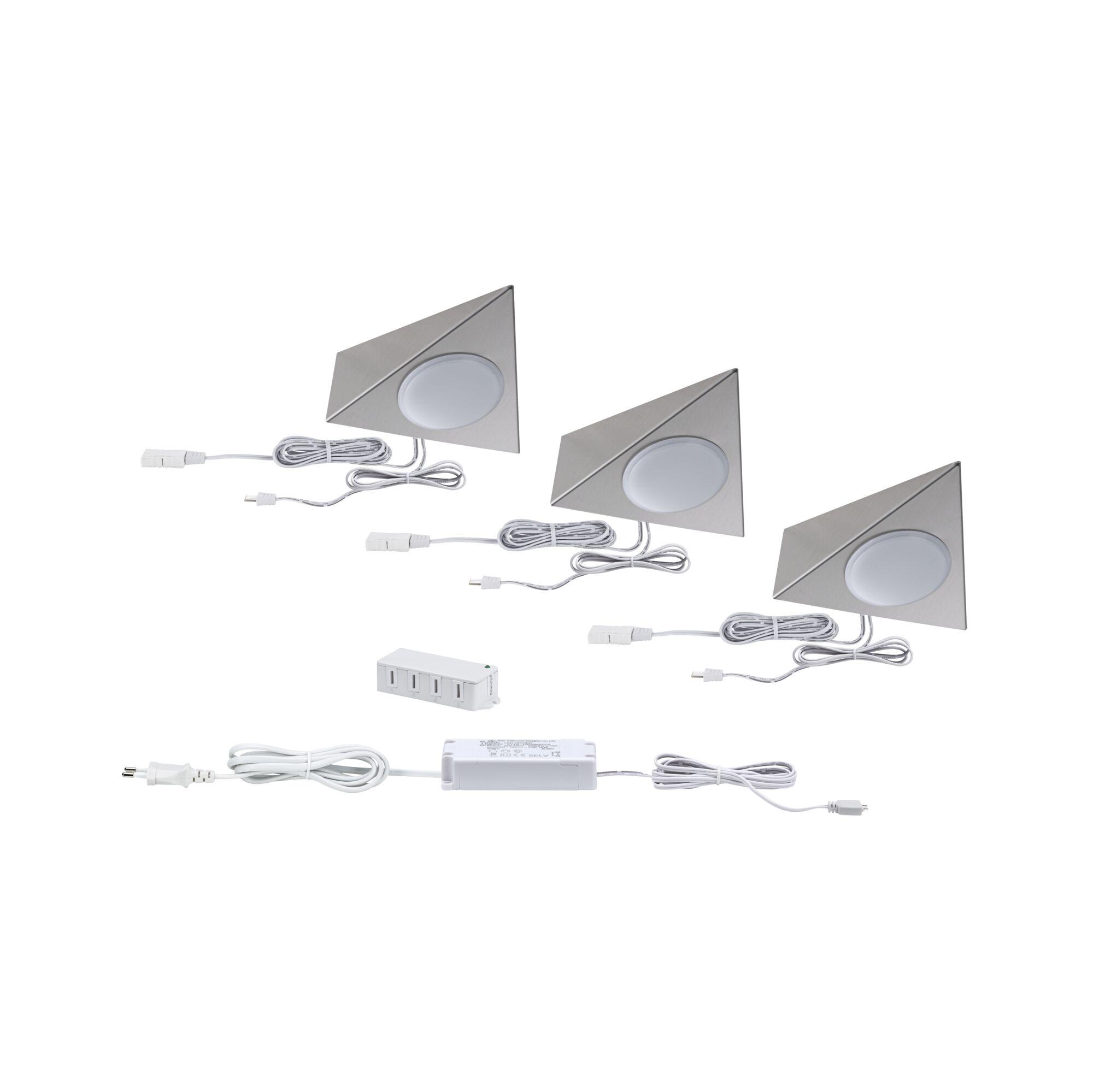 Set van drie LED-onderbouwlampen in geborsteld aluminium driehoekig ontwerp met voeding en splitter.