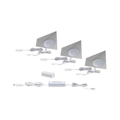 Three-piece LED under-cabinet lights set in brushed aluminum triangle design with power supply and splitter.