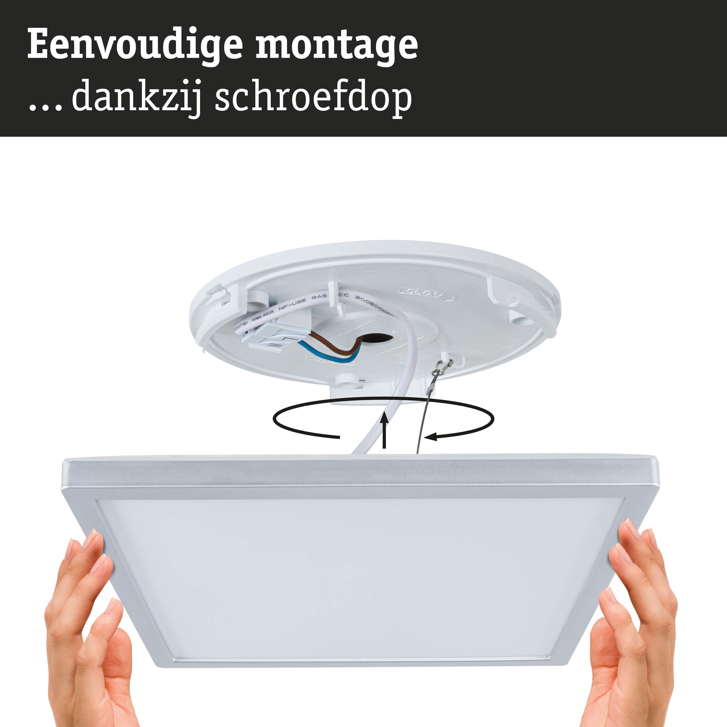Witte vierkante LED-plafondlamp met eenvoudige montage op schroefdoos en kabelverbinding