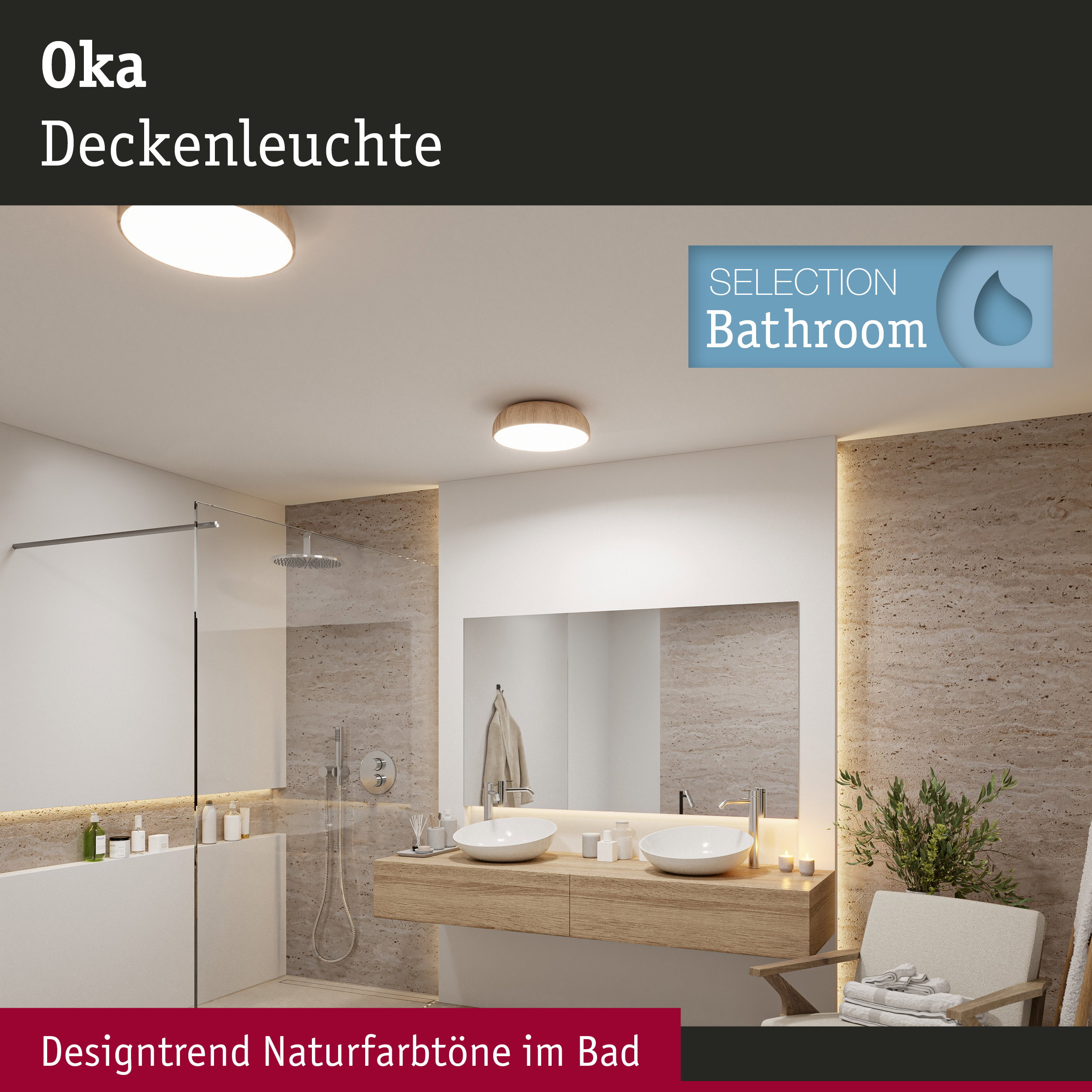 Oka Deckenleuchte aus Holz in Naturtönen beleuchtet modernes Badezimmer mit Doppelwaschbecken