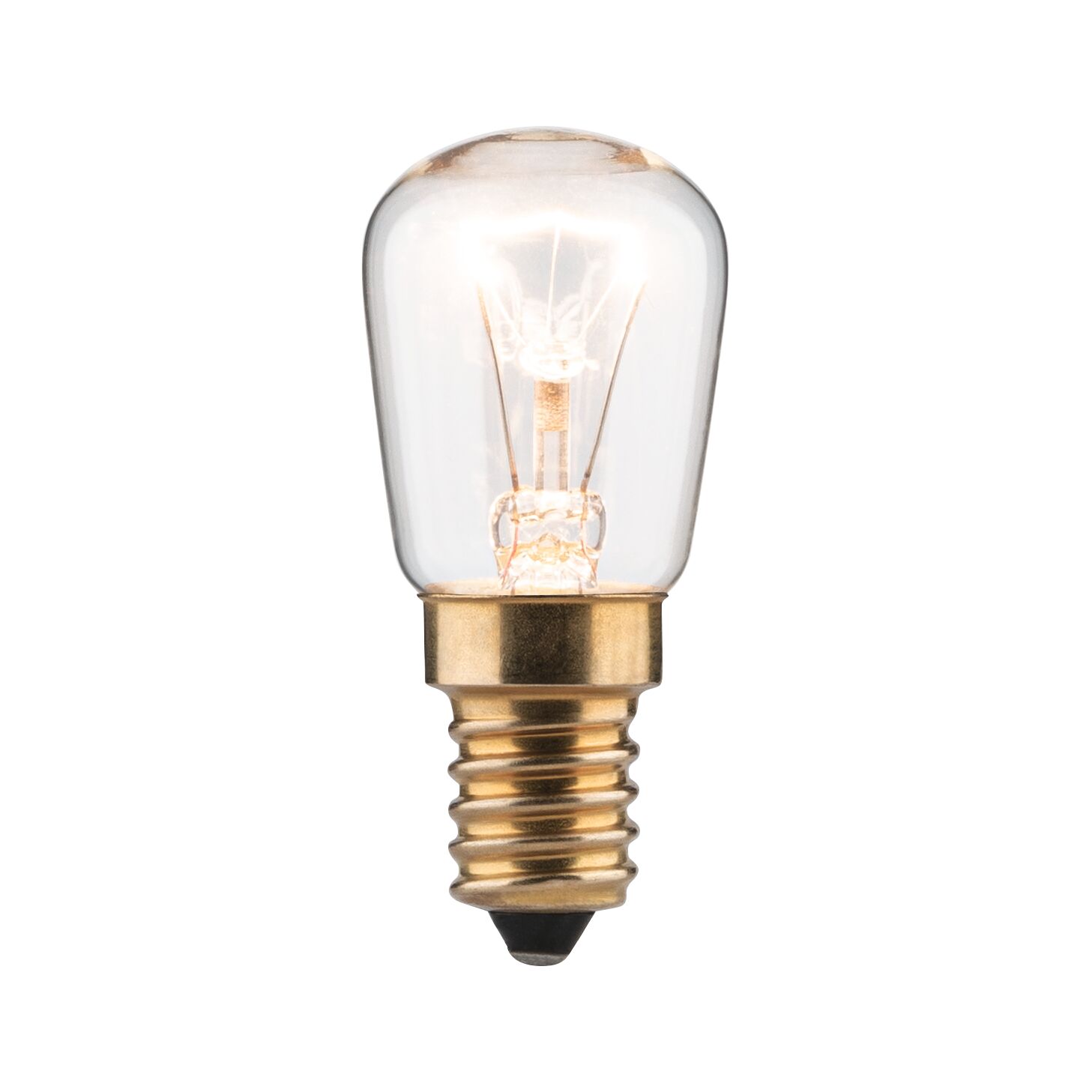 Kleine Glühlampe mit transparentem Glas und goldfarbenem Schraubsockel für Beleuchtungslösungen