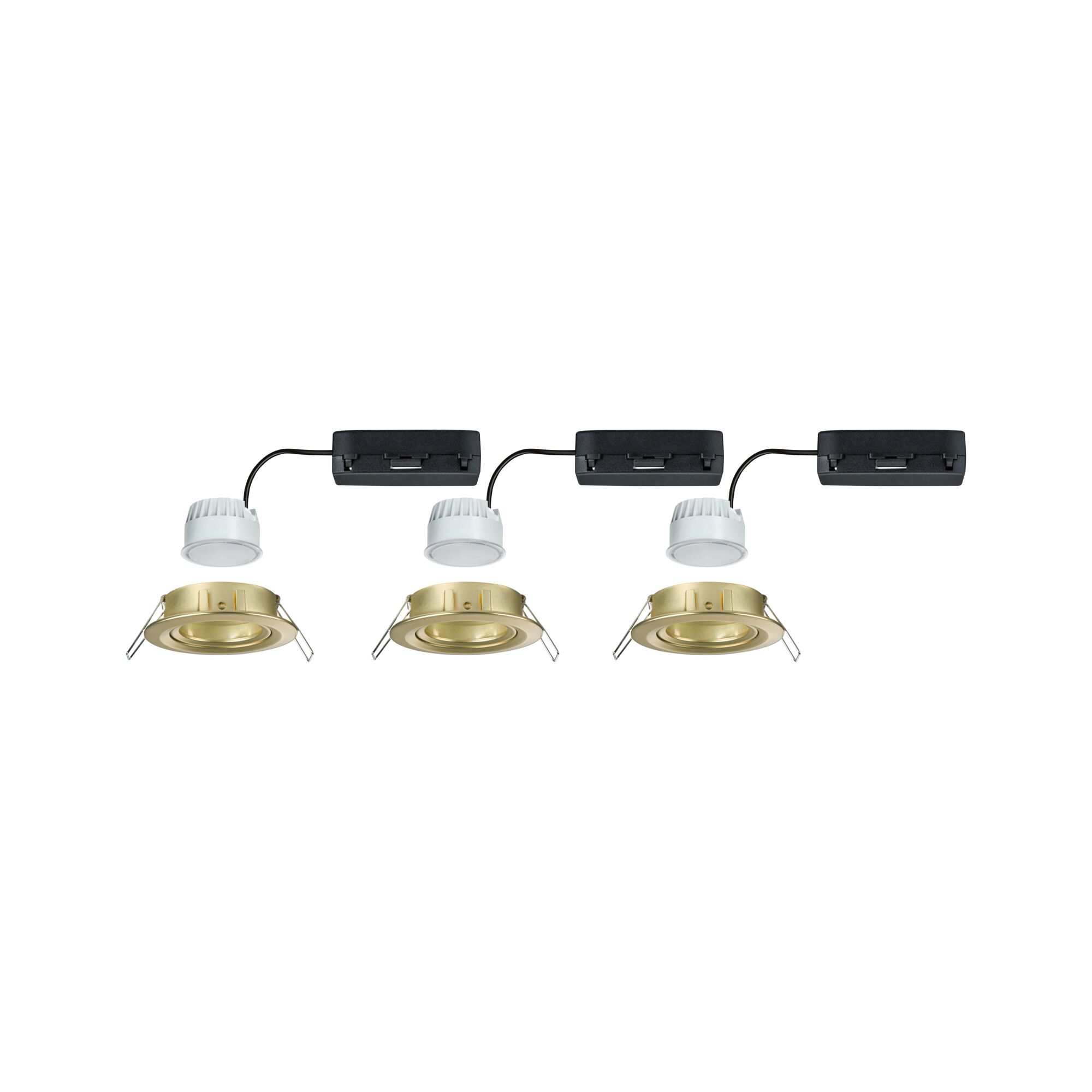 Three gold metal recessed spotlights with white LED modules and black connection boxes for indoor lighting