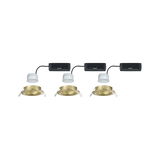 Three gold metal recessed spotlights with white LED modules and black connection boxes for indoor lighting