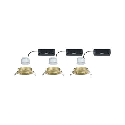 Three gold metal recessed spotlights with white LED modules and black connection boxes for indoor lighting