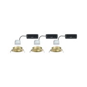 Three gold metal recessed spotlights with white LED modules and black connection boxes for indoor lighting