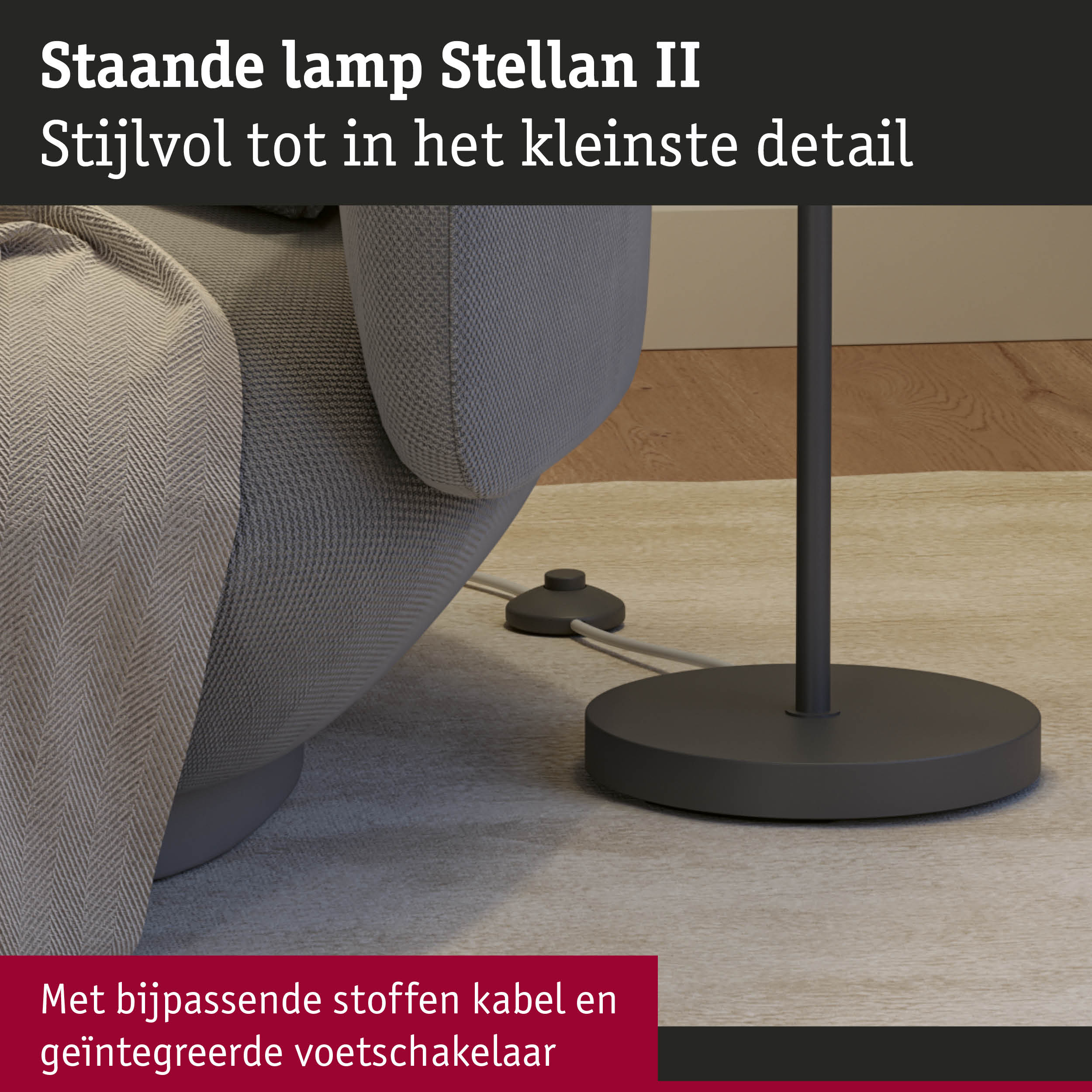 Staande lamp Stellan II met zwarte metalen voet en geïntegreerde voetschakelaar voor sfeerverlichting