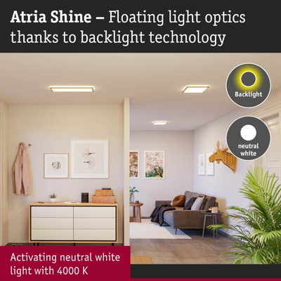 Living room with Atria Shine ceiling lights featuring neutral white light and backlight technology