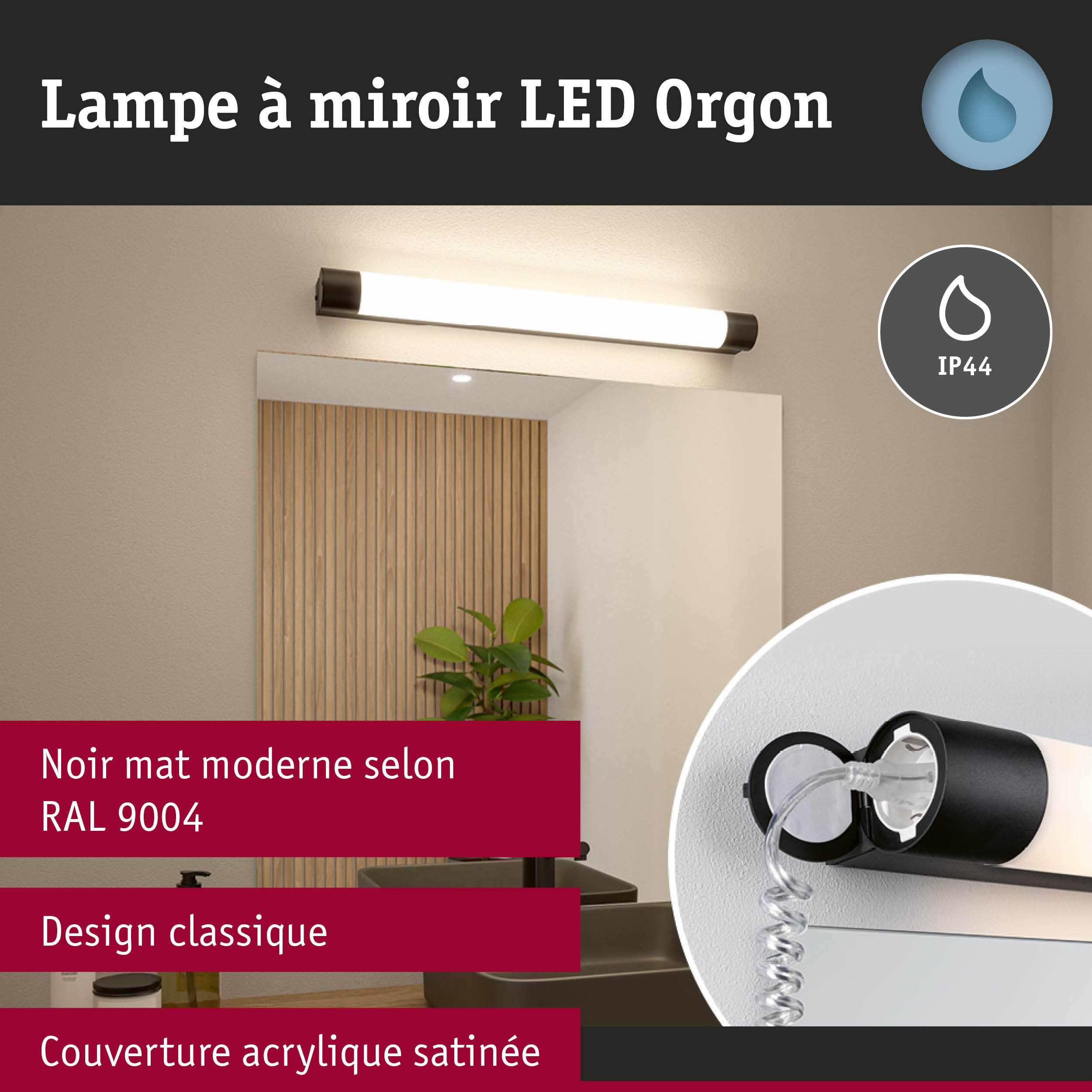 Lampe LED miroir Orgon noire avec couverture acrylique satinée et design classique pour salle de bain