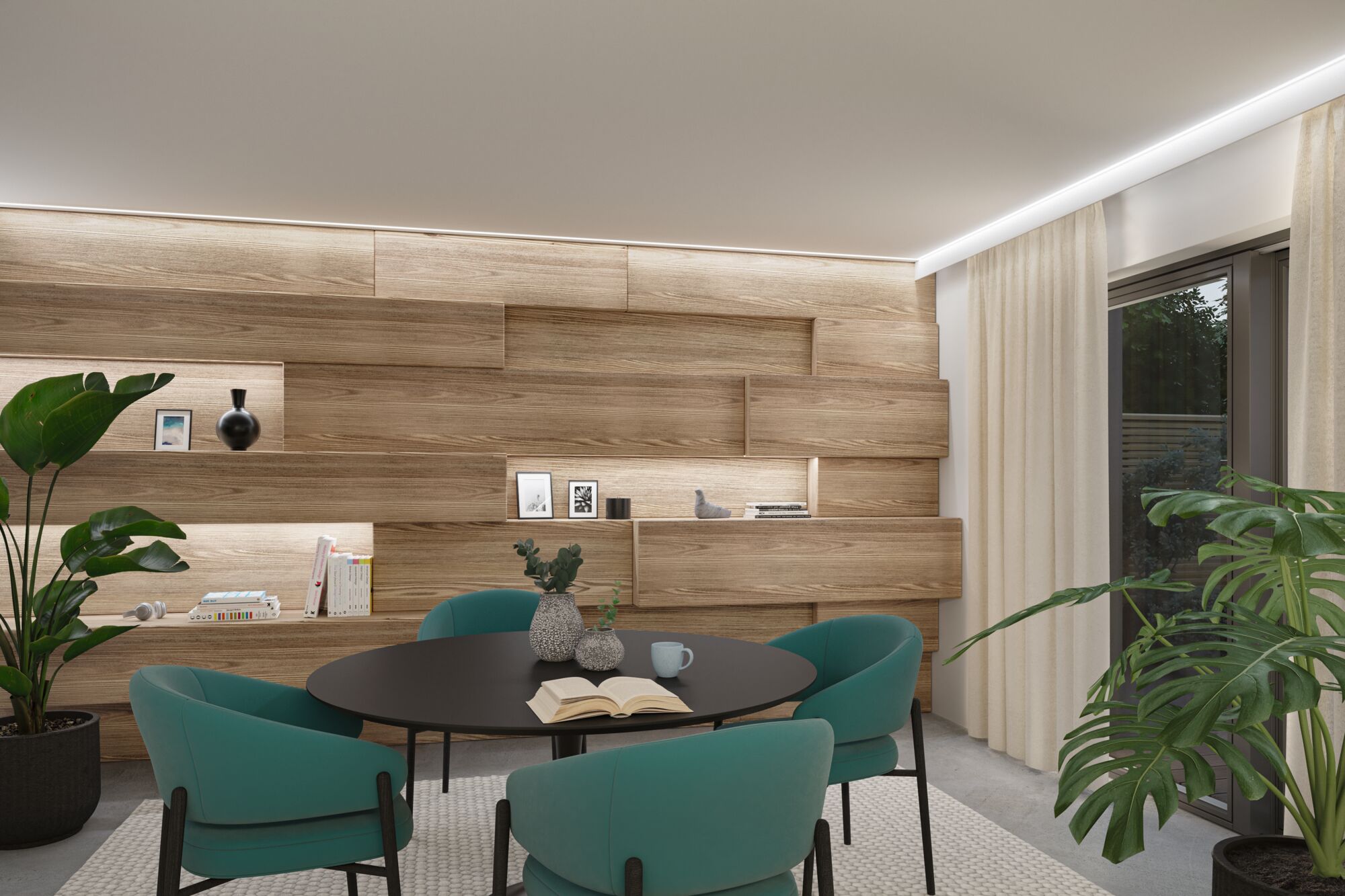 Modernes Esszimmer mit schwarzem Tisch, türkisfarbenen Stühlen und Holzpaneelwand mit LED-Beleuchtung