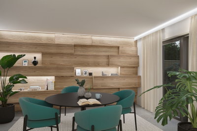 Modern dining room with black table, teal chairs and wooden panel wall with LED lighting