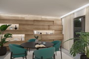 Modernes Esszimmer mit schwarzem Tisch, türkisfarbenen Stühlen und Holzpaneelwand mit LED-Beleuchtung