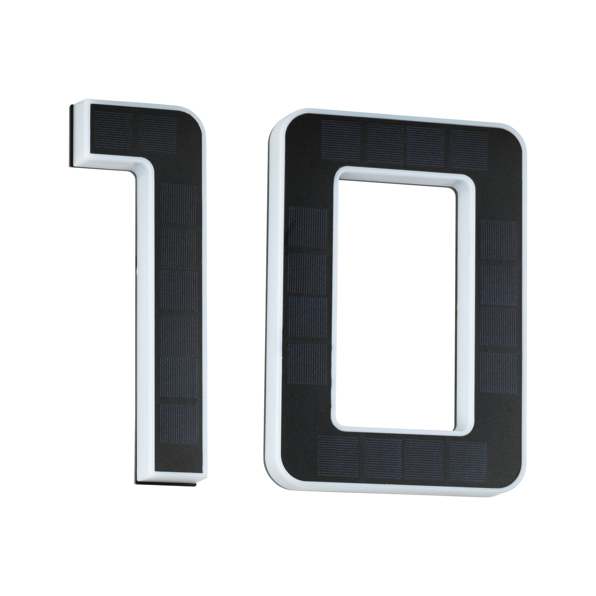 House number 10 with black solar panels and white frame for energy-efficient outdoor lighting